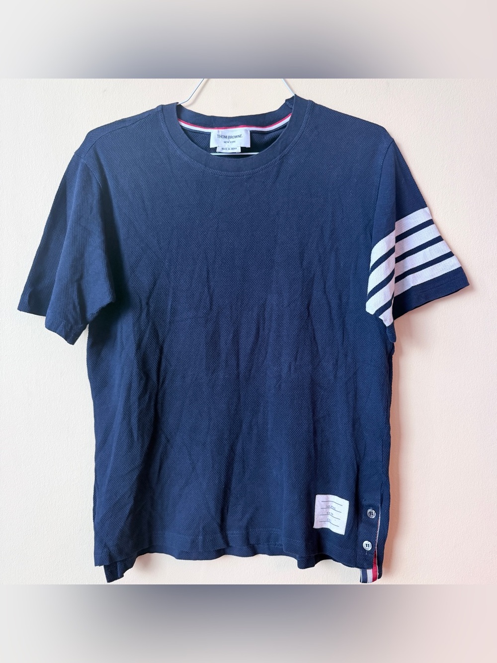 Thom Browne Navy Textured 4 Bar Stripe T-Shirt Tee Size 2 Made in Japan